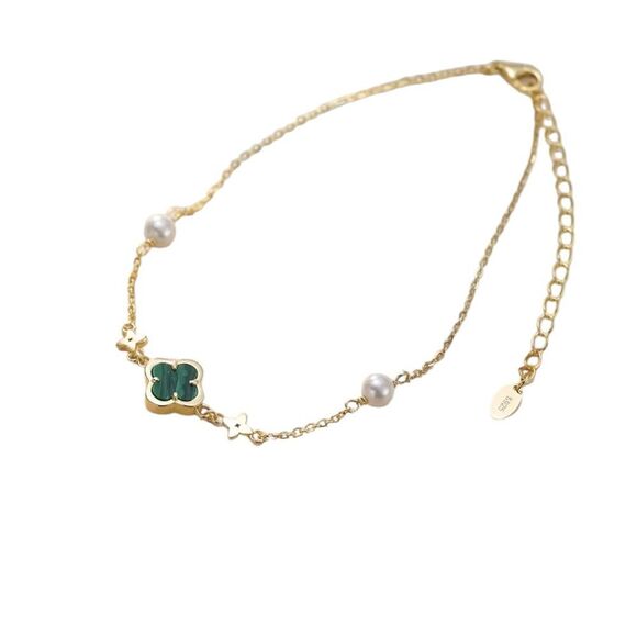 ENA925 14k Over Sterling Silver Malachite Green Anklet - Picture 4 of 5